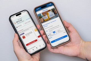 someone holding up two phones, one displaying the Walmart app and the other displaying the Target app