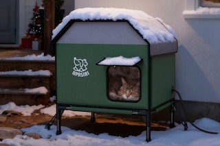 Cat using the Apasiri Heated Outdoor Cat House in winter outside.