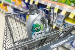 bottle of laundry detergent in shopping cart