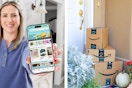 two images of a woman holding an iphone with amazon haul on screen and image of a stack of amazon boxes next to doorstep