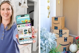 two images of a woman holding an iphone with amazon haul on screen and image of a stack of amazon boxes next to doorstep