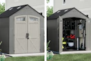 gray storage shed with the doors closed and open