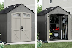 gray storage shed with the doors closed and open