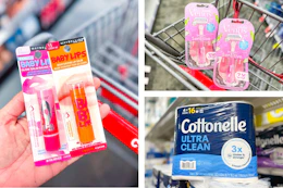 collage image of maybelline baby lips, venus disposable razors, and cottonelle toilet paper