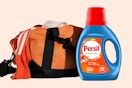 Lifestyle image of the Persil laundry detergent (34 ounce bottle) next to a gym bag full of clothes
