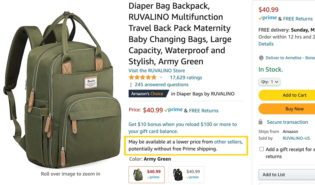 A diaper bag screenshot on Amazon