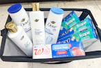 walgreens dove, crest, and freezer bags in a shopping basket