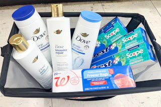 walgreens dove, crest, and freezer bags in a shopping basket