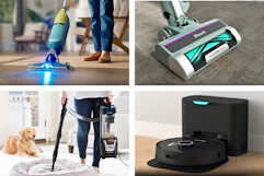 4 different types of floorcare (vac mops, stick vacuum, robot vacuum & upright)