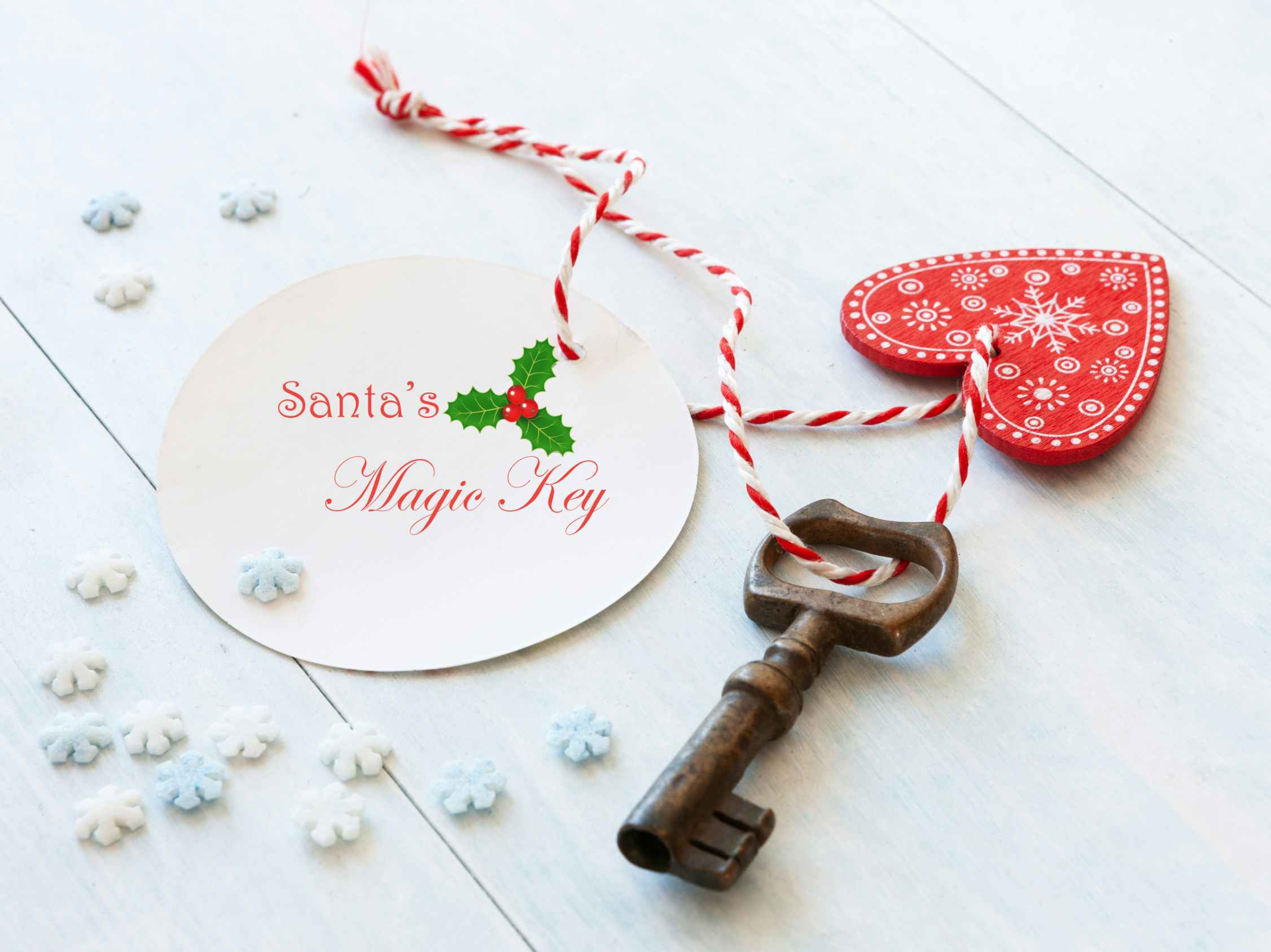 An old-fashioned key with a tag that says "Santa's Magic Key"