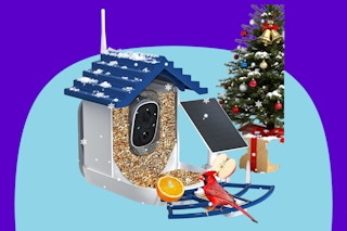 NAVFS Smart Bird Feeder with Camera Solar Powered on a blue background.