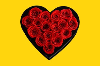 costco forever roses heart shaped on yellow background