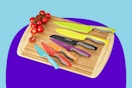  Cook N Home 14-Piece Coated Carbon Stainless Steel Knife Set on a purple background.