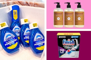 dawn powerwash, finish quantum and mrs meyers soap
