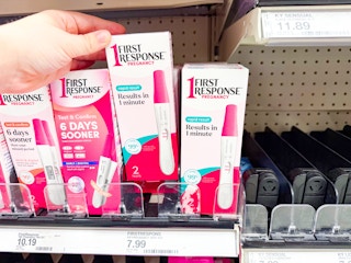 first response pregnancy tests sitting on a target shelf