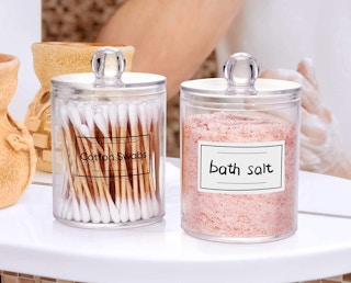 clear dispensers with q-tips and bath salts
