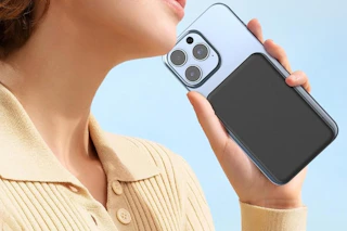 a woman holding a power bank