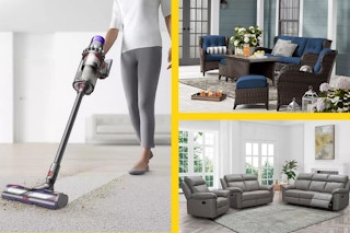 collage of a dyson vacuum, patio furniture set, and sofa set