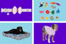 collage image of dog in a jacket, dog in a bed, pet collar, and cat toys