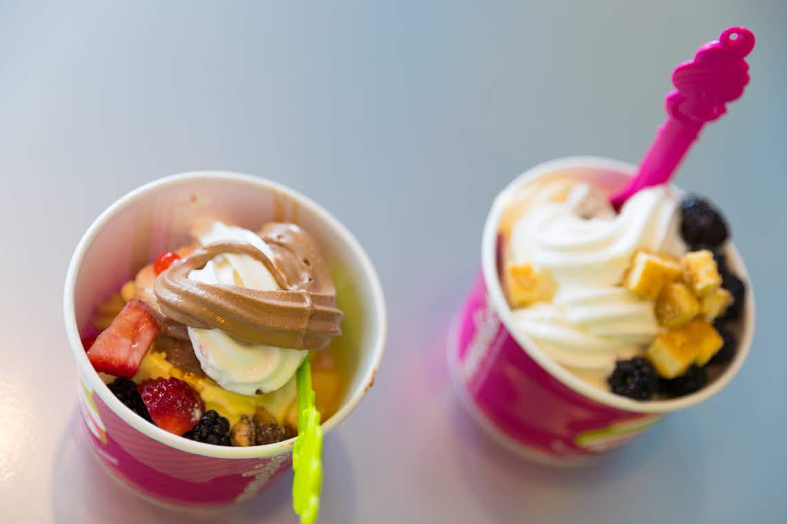 vanilla and chocolate frozen yogurt swirl with fruit topping