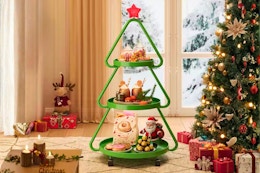 Lifestyle image of the Pinmoco Christmas Tree Metal Storage Rack in a holiday home setting