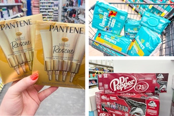 collage image of pantene rescue hair mask, dr pepper soda, and pampers diapers