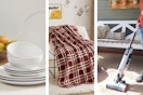 dinnerware set, plaid blanket, and hart vacuum