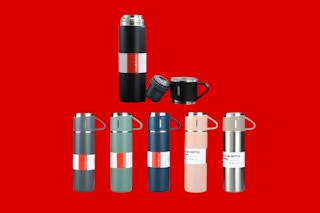red background with vacuum seal thermos with built-in mug at Daily Steals