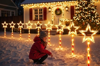 Star Solar Christmas Lights in front of house
