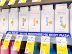 shelf shot with native body wash in walgreens