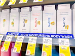 shelf shot with native body wash in walgreens