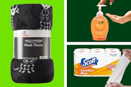 Halloween plush blanket, seasonal hand soap & toilet paper