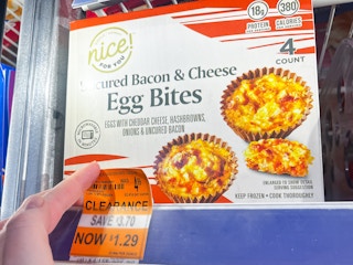 $1.29 clearance sign in front of a box of egg bites
