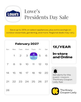 calendar graphic of lowes presidents day sale