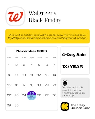 Calendar graphic of predicted walgreens black friday start date of november 25, 2026