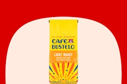 cafe bustelo coffee on red and cream background