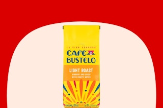cafe bustelo coffee on red and cream background