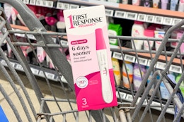 First Response 3-pack pregnancy test in a Walmart cart