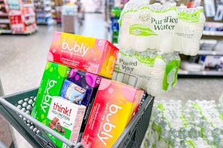 bubly, think, clif, and nice brand groceries in a shopping cart