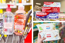 collage image of garnier micellar water, huggies baby wipes, and colgate toothpaste