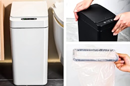 3 lifestyle images of the IRINNA Bathroom Trash Cans