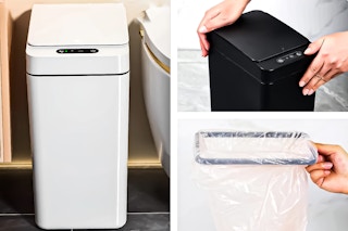 3 lifestyle images of the IRINNA Bathroom Trash Cans