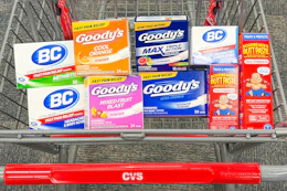 CVS shopping cart with Goody's, Boudreaux's, and BC