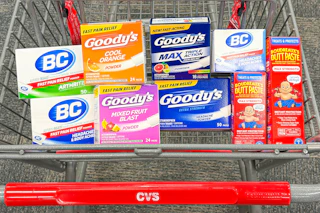 CVS shopping cart with Goody's, Boudreaux's, and BC