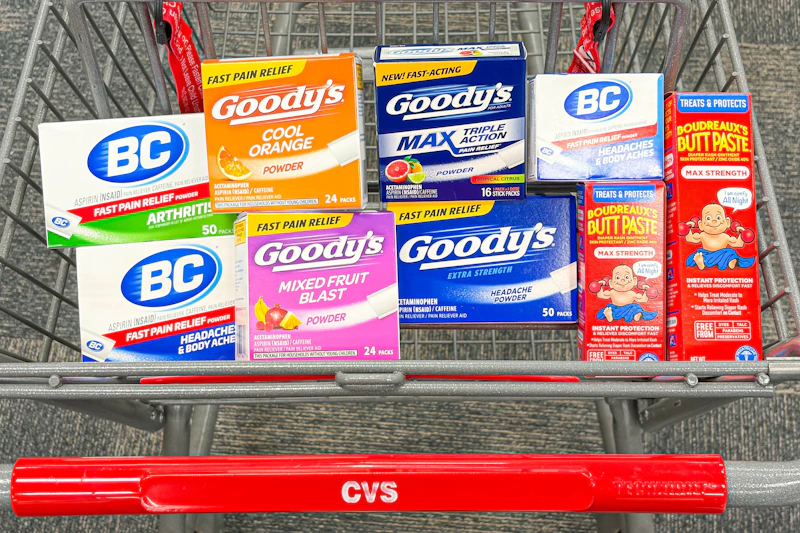 CVS shopping cart with Goody's, Boudreaux's, and BC