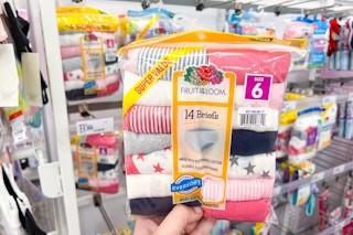 hand holding a fruit of the loom 14-pack of underwear at target