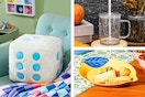 3 lifestyle images of home goods from Walmart: dice pillow, Halloween cup & lemon shaped plate