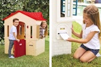 2 lifestyle photos of the Little Tikes Playhouse Cottages being used outdoors by children