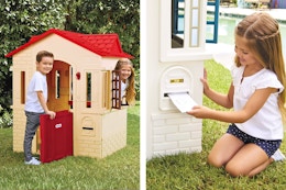 2 lifestyle photos of the Little Tikes Playhouse Cottages being used outdoors by children