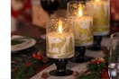 Holiday Flameless Candles with Remote on a dining room table.